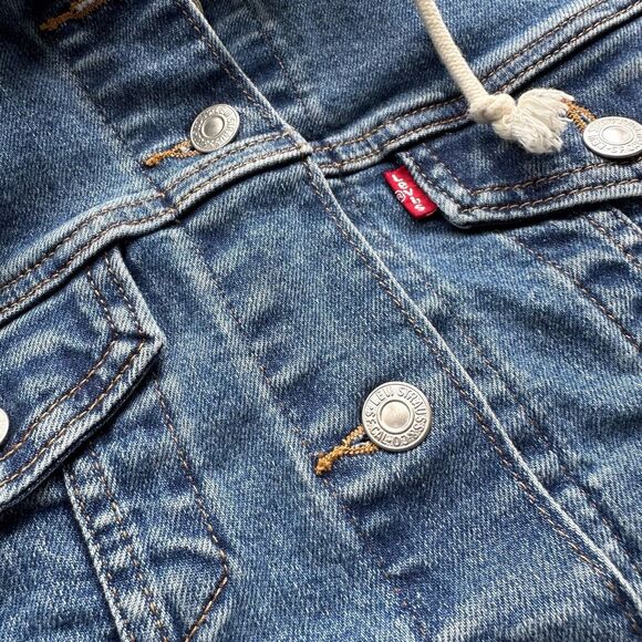 Levi’s Hybrid Twofer Hooded Denim Jean Trucker Jacket - Dark Wash Gray Wmns XS - Picture 4 of 12